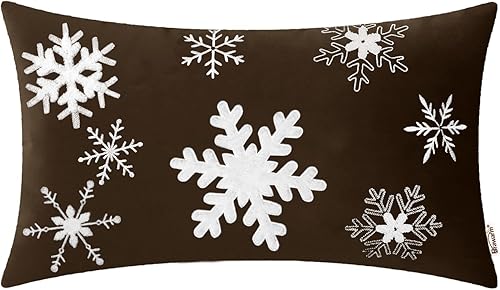 Miniatura 7 de BRAWARM Funda de almohada de Navidad de 18 x 18 pulgadas, funda de almohada bordada de copo de nieve marrón, almohada decorativa de terciopelo suave