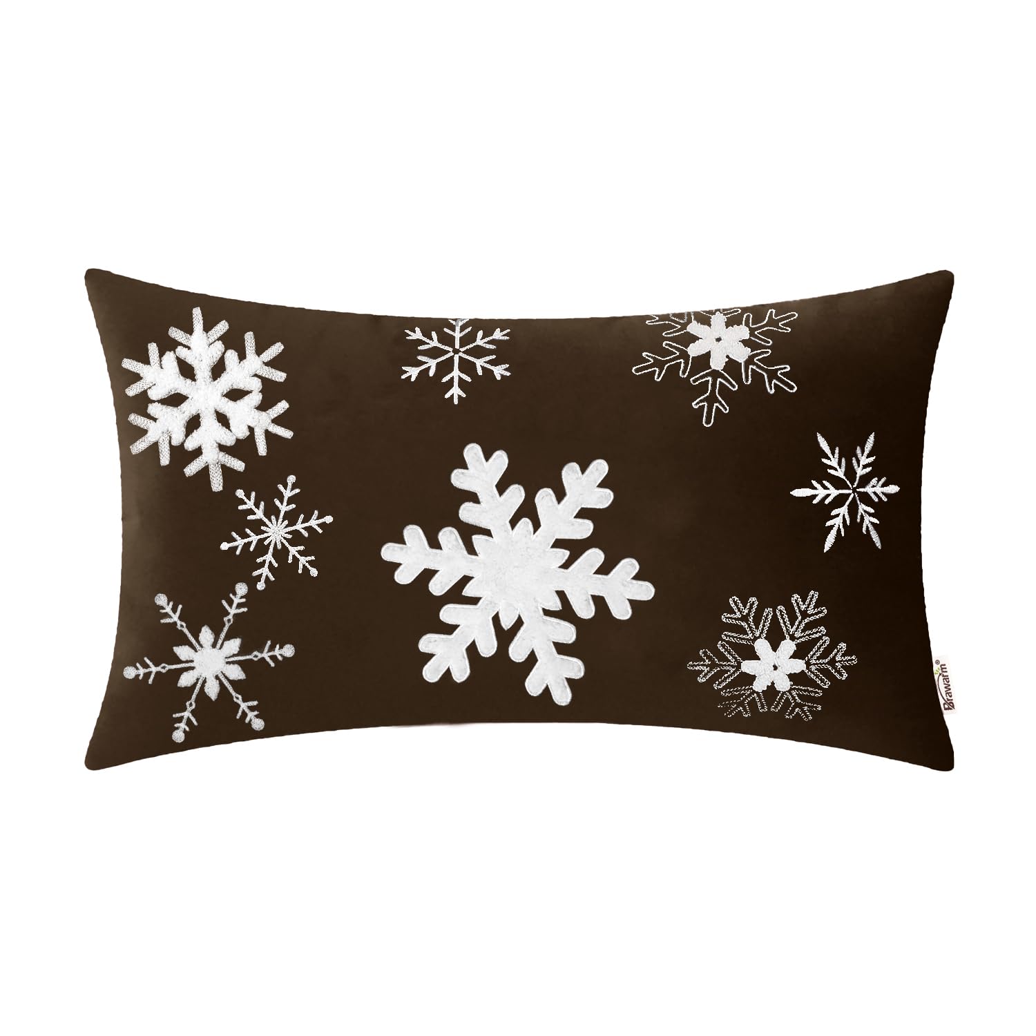 BRAWARM Christmas Pillow Cover 12 X 20 Inches Coffee Snowflake Embroidered Lumbar Pillow Cover Soft Velvet Decorative Throw