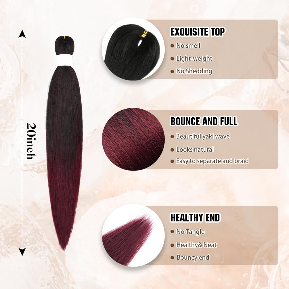 8 Packs Prestretched Braiding Hair 20 Inch Pre Stretched Crochet Braiding Hair Extensions Yaki Texture Synthetic Braided Hair for Women(1B-Bug,Ombre Black to Burgundy)