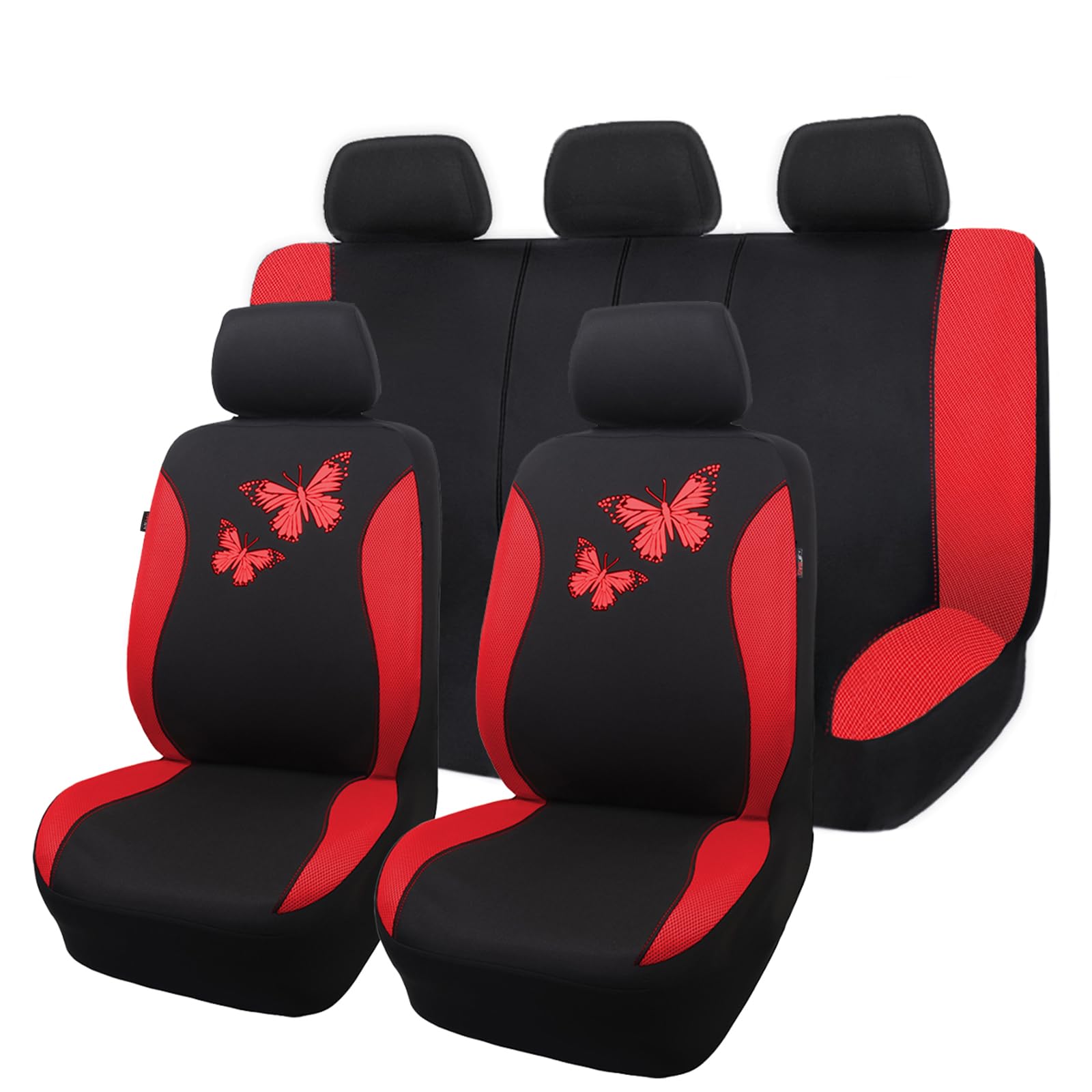 Flying Banner Coprisedili per auto in rete traspirante, Motivo a farfalla colorata, protezione compatibile con airbag (Set completo, Rosso)