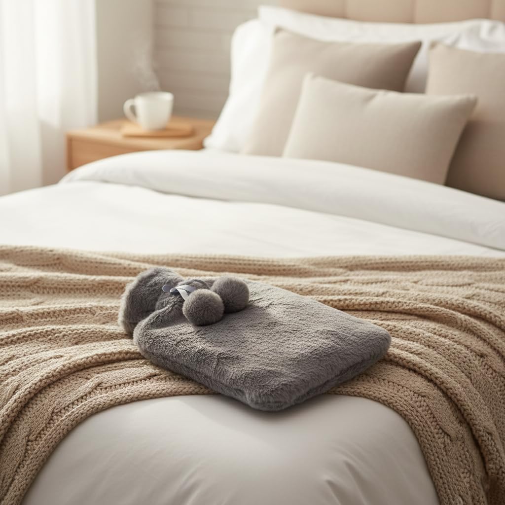 A2Z Hot Water Bottles Soft Plush Pom Pom Fleece Cover 2Liter - Hot Bottle HB1151 Grey