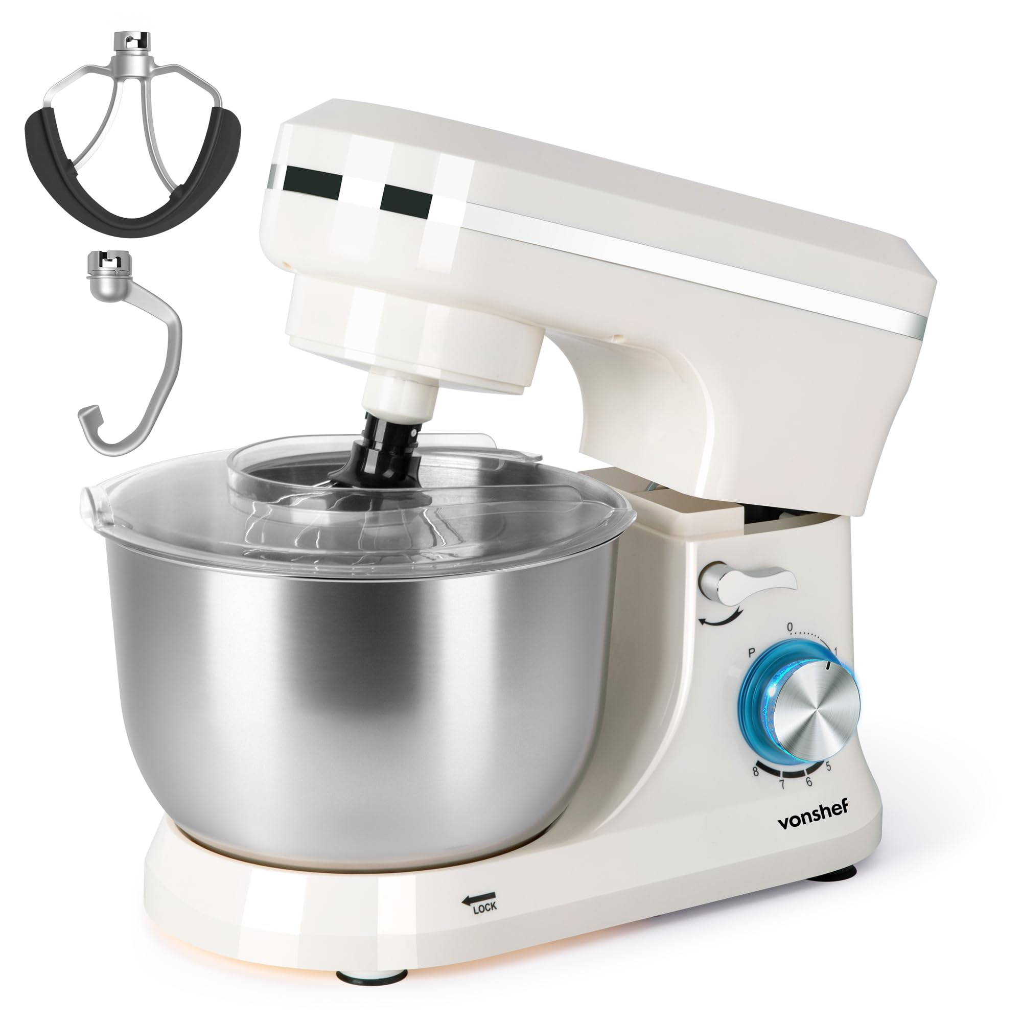 VonShef Cream Stand Mixer 1000W - Electric Stand Mixers for Baking, 8 Speed Standing Food Mixer with Splash Guard, 4.5L Stainless Steel Mixing Bowl, Beater, Dough Hook & Balloon Whisk
