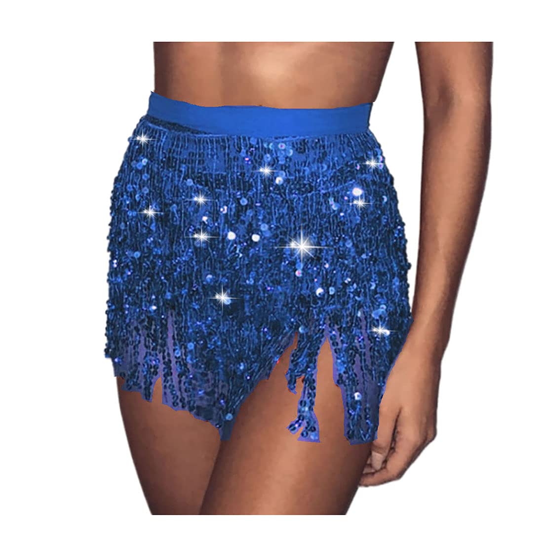 Prosy Women's Sequin Belly Dance Skirt Hip Belt Tassel Female Scarf Wrap Rave Music Festival Costume (Royal Blue)