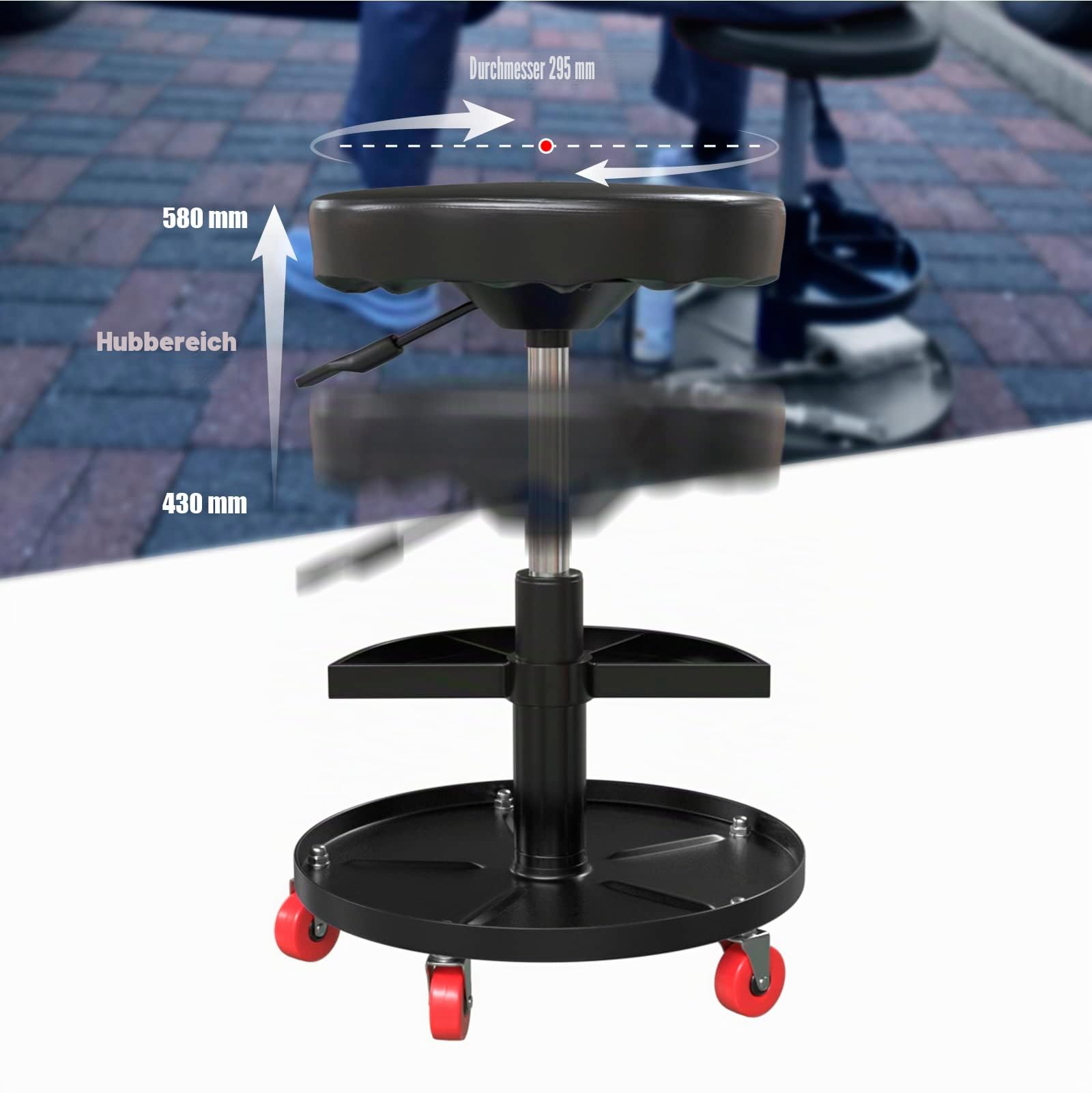HASKYY Werkstatthocker Rollhocker | Höhe 430-580mm I Sitz Geleinlage | Werkstatt-Arbeits-Hocker-Stuhl-Sitz I 135kg | ø40 cm | 2 Ablagen I Schwarz