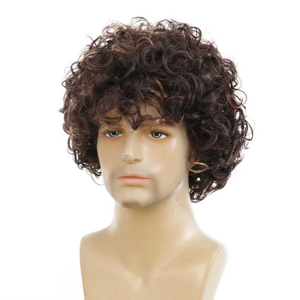 Dark Brown Curly Wig Short Fluffy Afro Wigs for Men Cosplay Daily 70s Rocker Male Wigs(Brown Mixed Glonde)