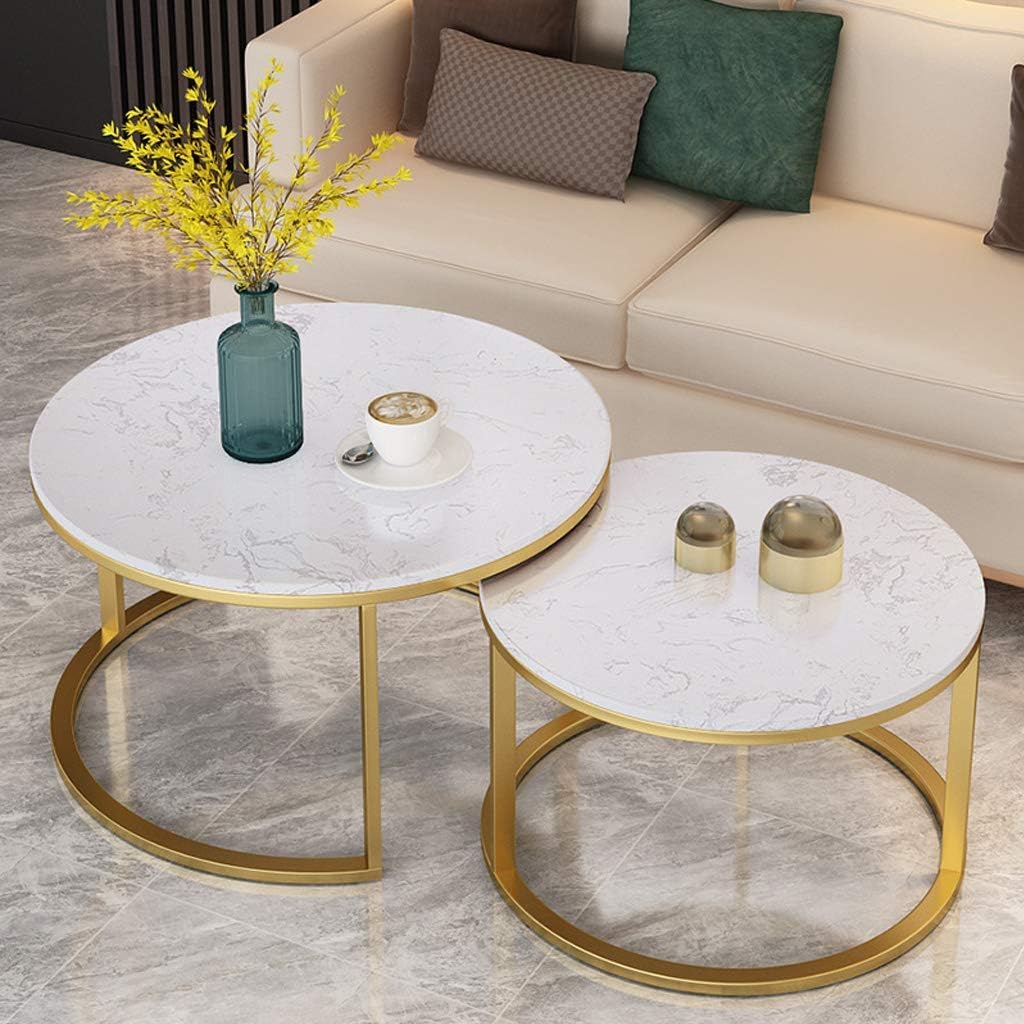 2 Round Stackable Coffee Table Desk Sets | Marble Desktop with Metal Frame Nesting Side Tables Living Room Home Decor Sets End Tables Cocktail Table ()