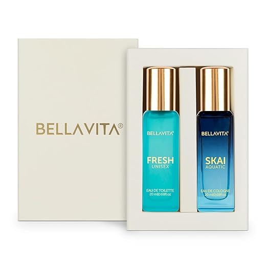 BELLAVITA Skai Aquatic EDC & Fresh EDT | Long Lasting 2x20ml Perfume for Man and Woman | with Bergamot, Ylang Ylang, Pink Pepper | Premium Unisex Fragrance for Men & Women