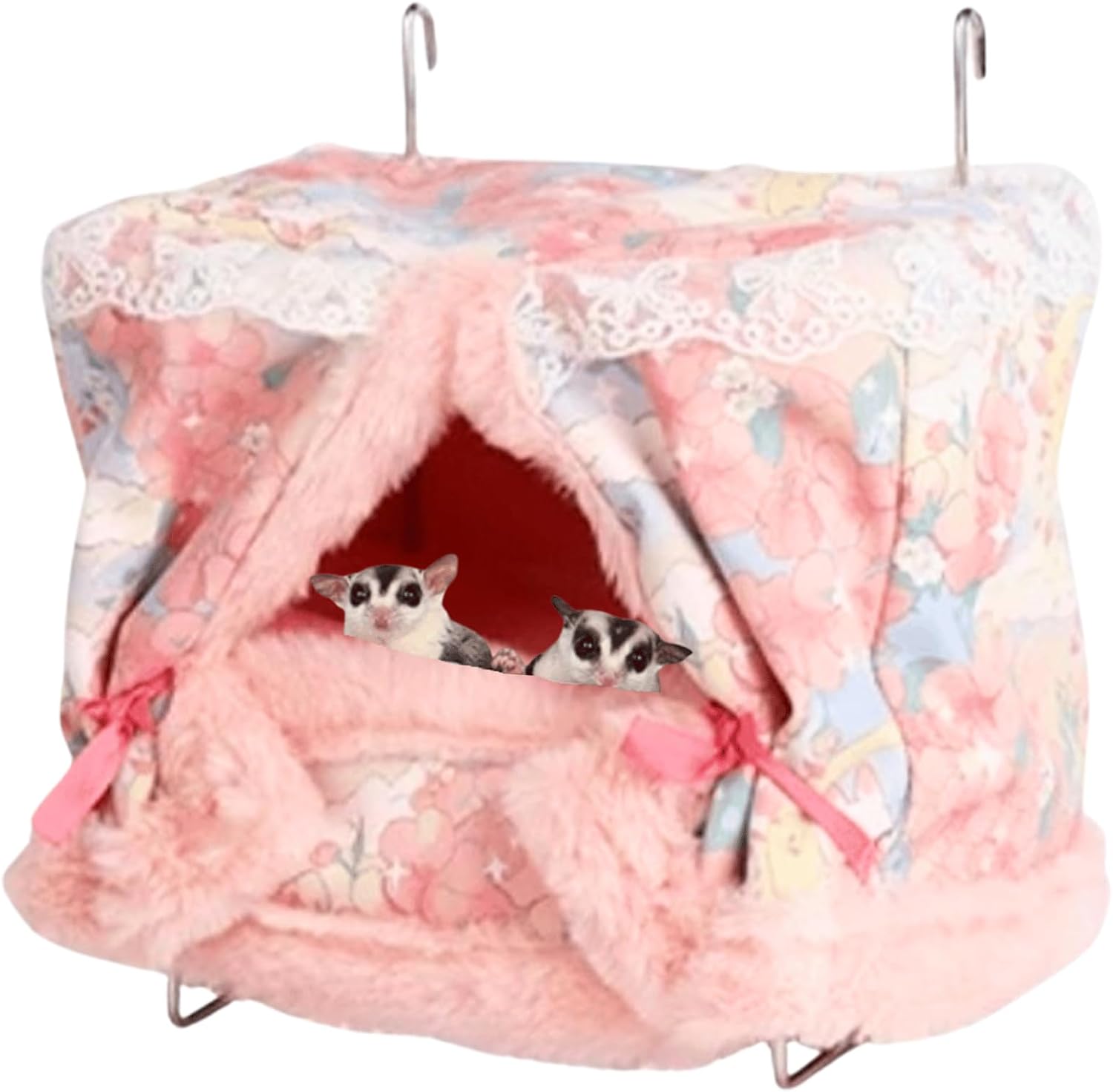 Rat Hammock for Cage Chew Proof Rat Toys Warm Bed, Small Animal Hanging Stainless Steel Basket Ferret Cage Accessories and Habitats Removable Nest Mat for Hamster, Sugar Glider, Hedgehog (Pink)