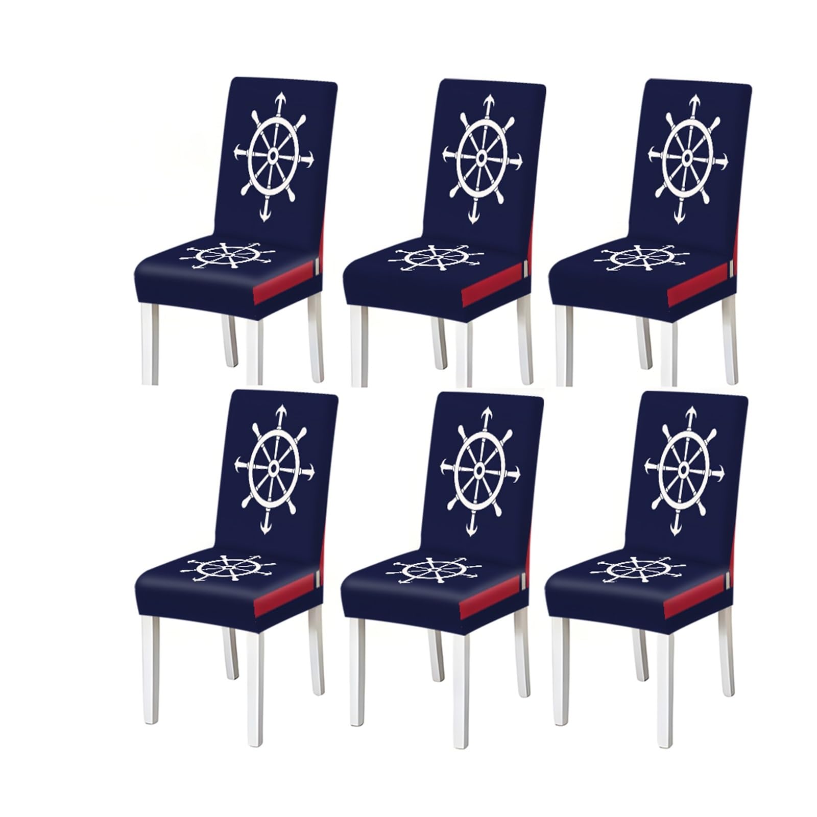 FZJKGH Nautical Helm Dining Chair Covers Set Of 2/4/6, Stretch Washable High Back Chair Covers, Navy Blue Coastal Print Removable Stretch Slipcovers for Dining Chairs(6PCSChair cover)
