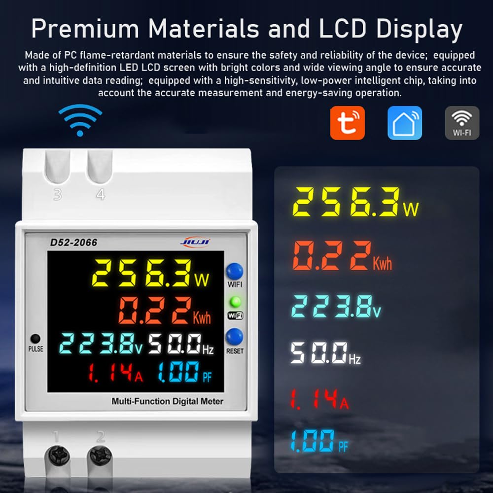 Dioche Medidor de Electricidad con Pantalla Digital Inteligente para el Hogar WiFi | D52-2066 Medidor de Frecuencia de Factor de Potencia Multifunción | Función de Memoria de Monitoreo Remoto y