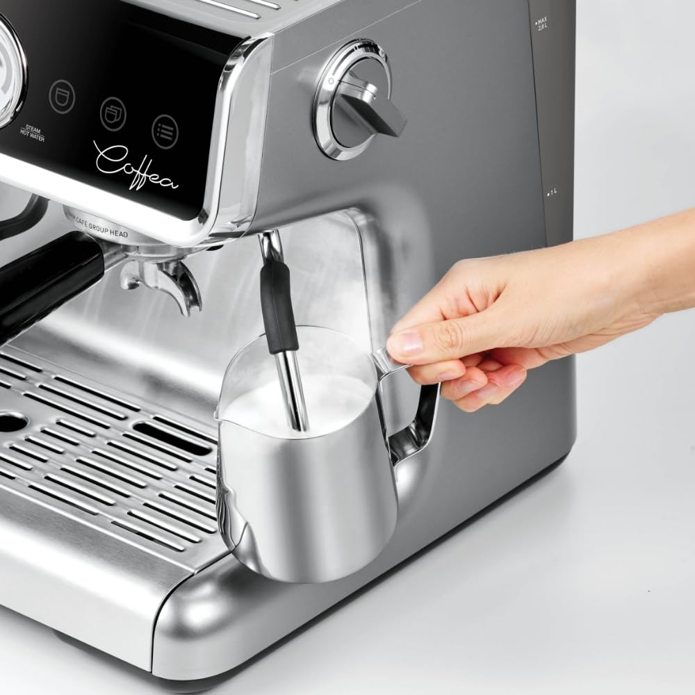 Polti Coffea G50S, ekspres do kawy z wbudowanym młynkiem do ziarna, do espresso i cappuccino, 30 poziomów mielenia, profesjonalny młynek do mleka parowego, srebrny
