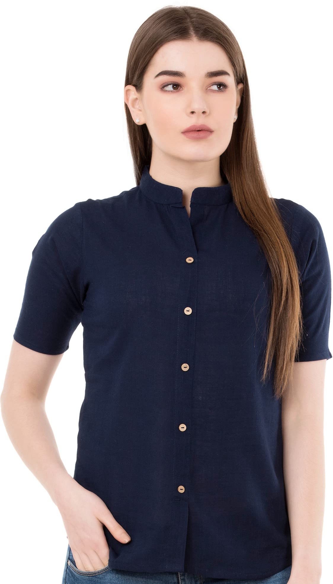 GMI Formal Half Sleeve Solid Mandarin Collar Women Top