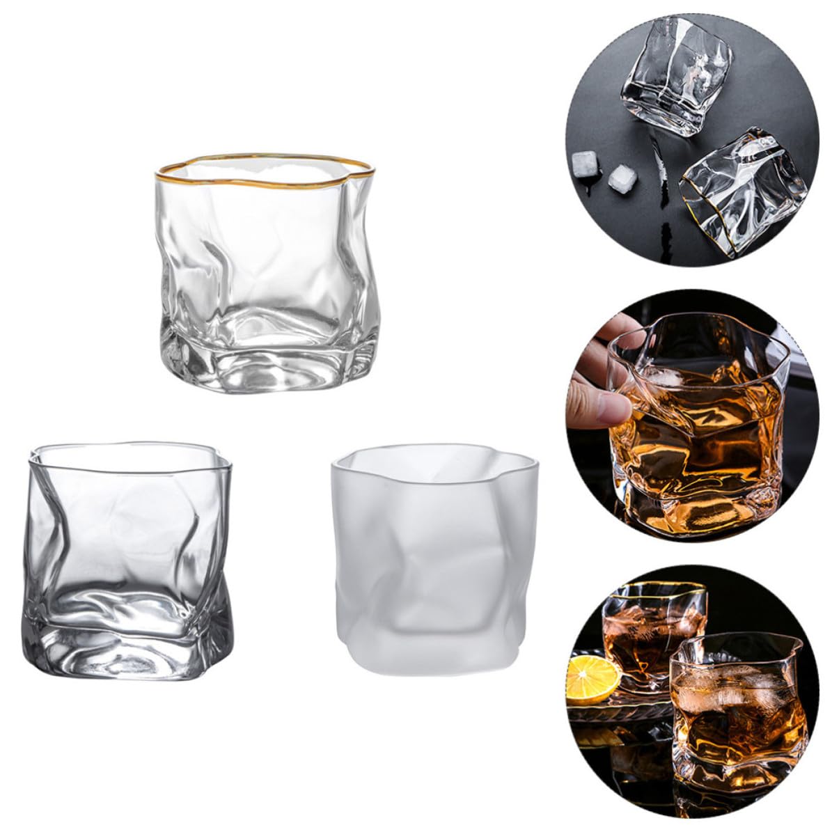 OSALADI Vasos de Whisky de Vidrio Reutilizables y Seguros para Uso en Restaurantes y Hogares, Juego de 3 Piezas Diseño Creativo y Único