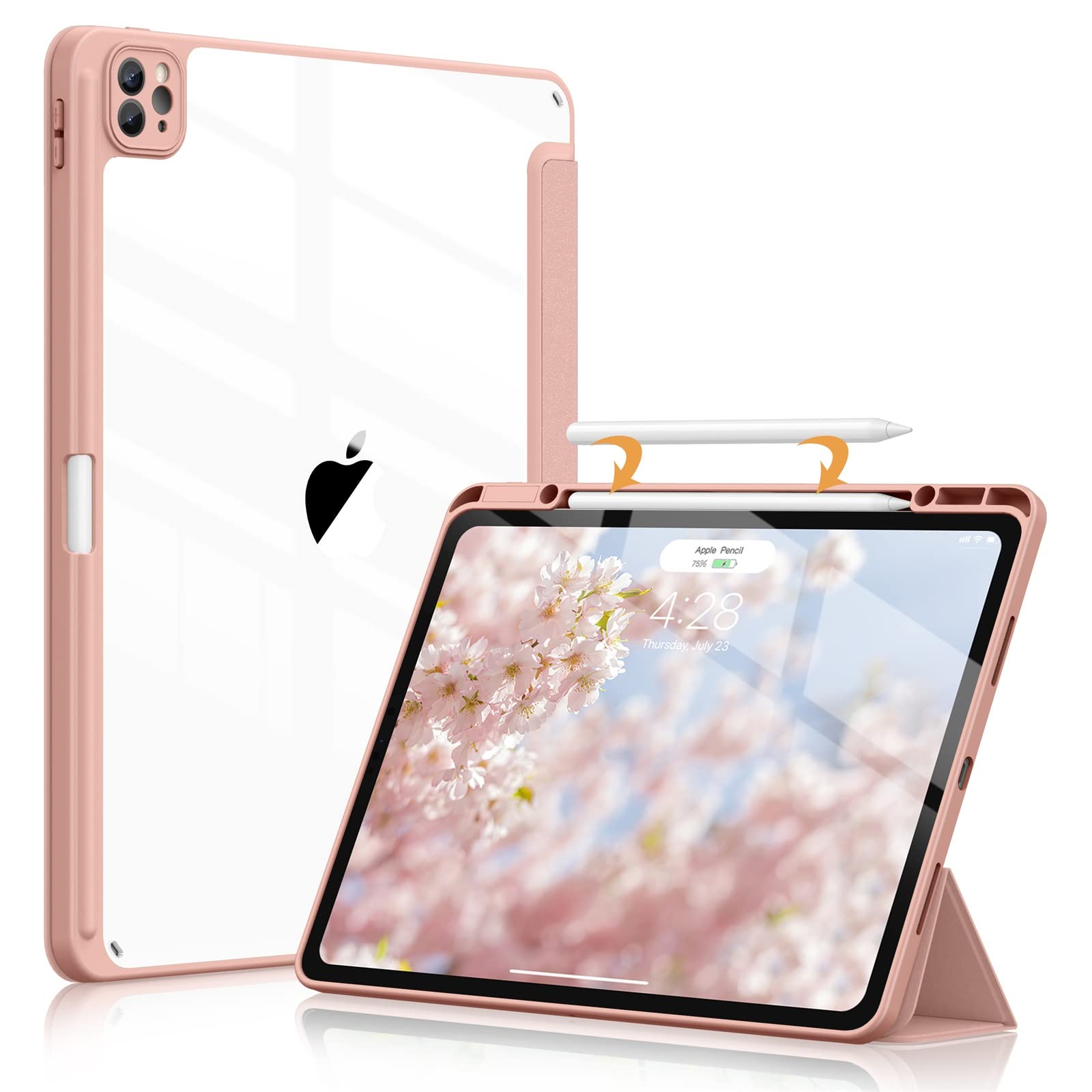 Soke Ultra Hybrid Case for iPad Pro 12.9 Inch (6th/5th/4th/3rd Generation, 2022/2021/2020/2018) - Pencil Holder + Auto Sleep/Wake + Camera Protection, Transparent Shockproof Back Cover, Rose Gold