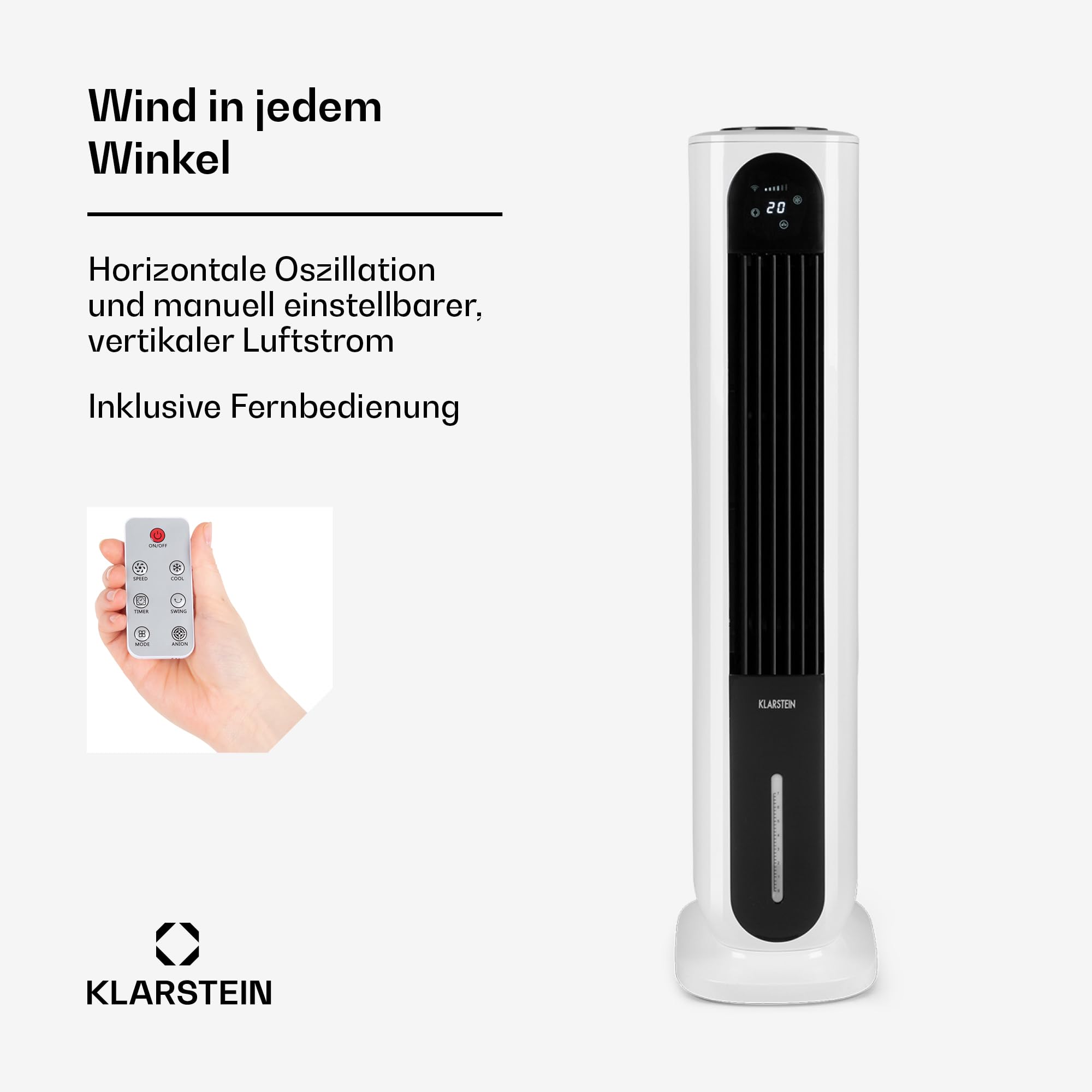 Klarstein Polar Tower Smart Ventilator Mit Wasserkühlung – 4-in-1 Luftkühler, Luftbefeuchter & Reiniger, 7L Tank, WiFi & App Steuerung, 3.306 m³/h Luftdurchsatz, Timer, Mobil, Weiß