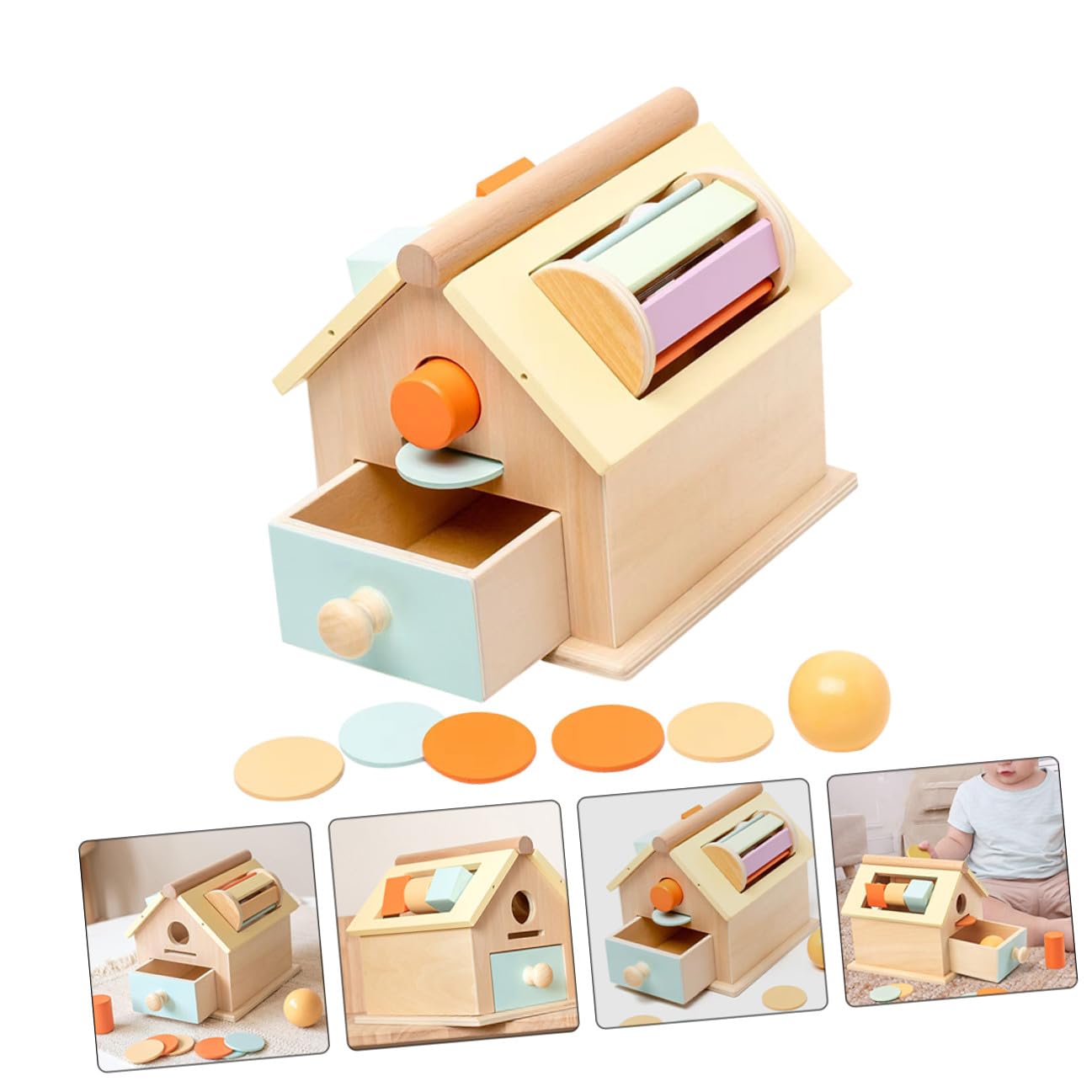 UKCOCO Juguete Sensorial de Madera Natural para Pequeños 1-3 Años Caja de Bolas y Monedas Montessori para Desarrollo Motriz y Coordinación Ojo-Mano Juguete Educativo Infantil Compacto