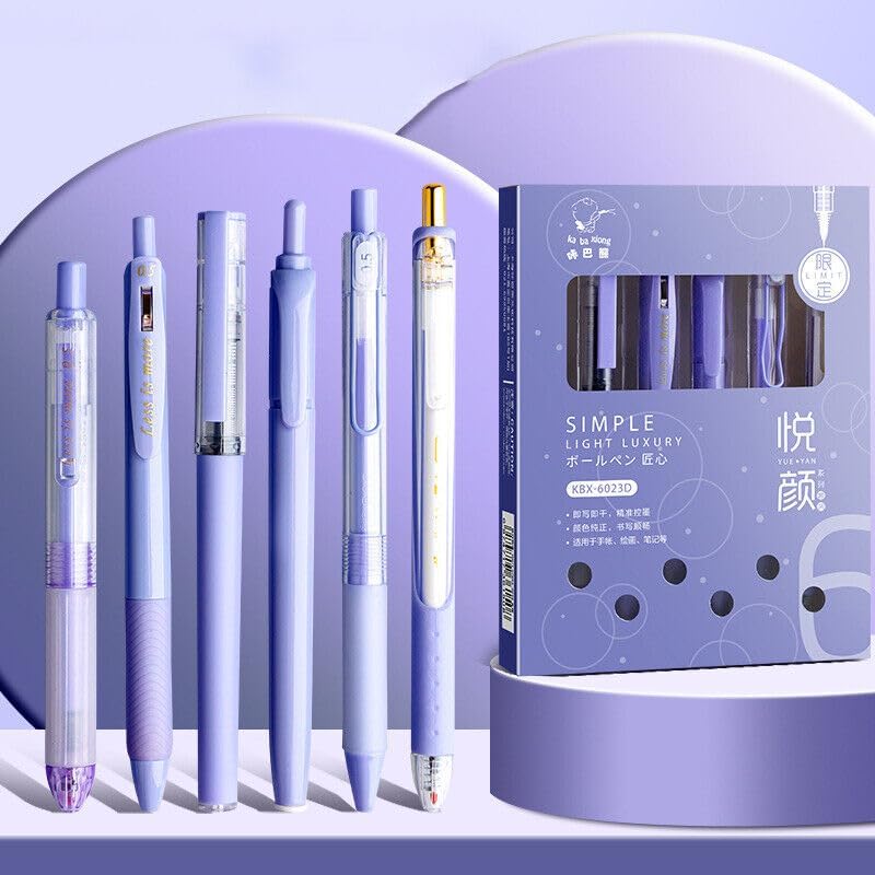 Image of SAMVARDHAN Pastel Highlighter Set, Aesthetic School Supplies 5PCS Retractable Blue Ink with 1PCS Highlighter, 0.5mm Fine Points for Writing (Purple)