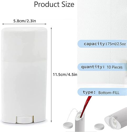 Miniatura 2 de Paquete de 10 recipientes de desodorante vacíos blancos de 2.5 onzas, tubos ovalados de bálsamo labial de plástico, tubos ovalados para