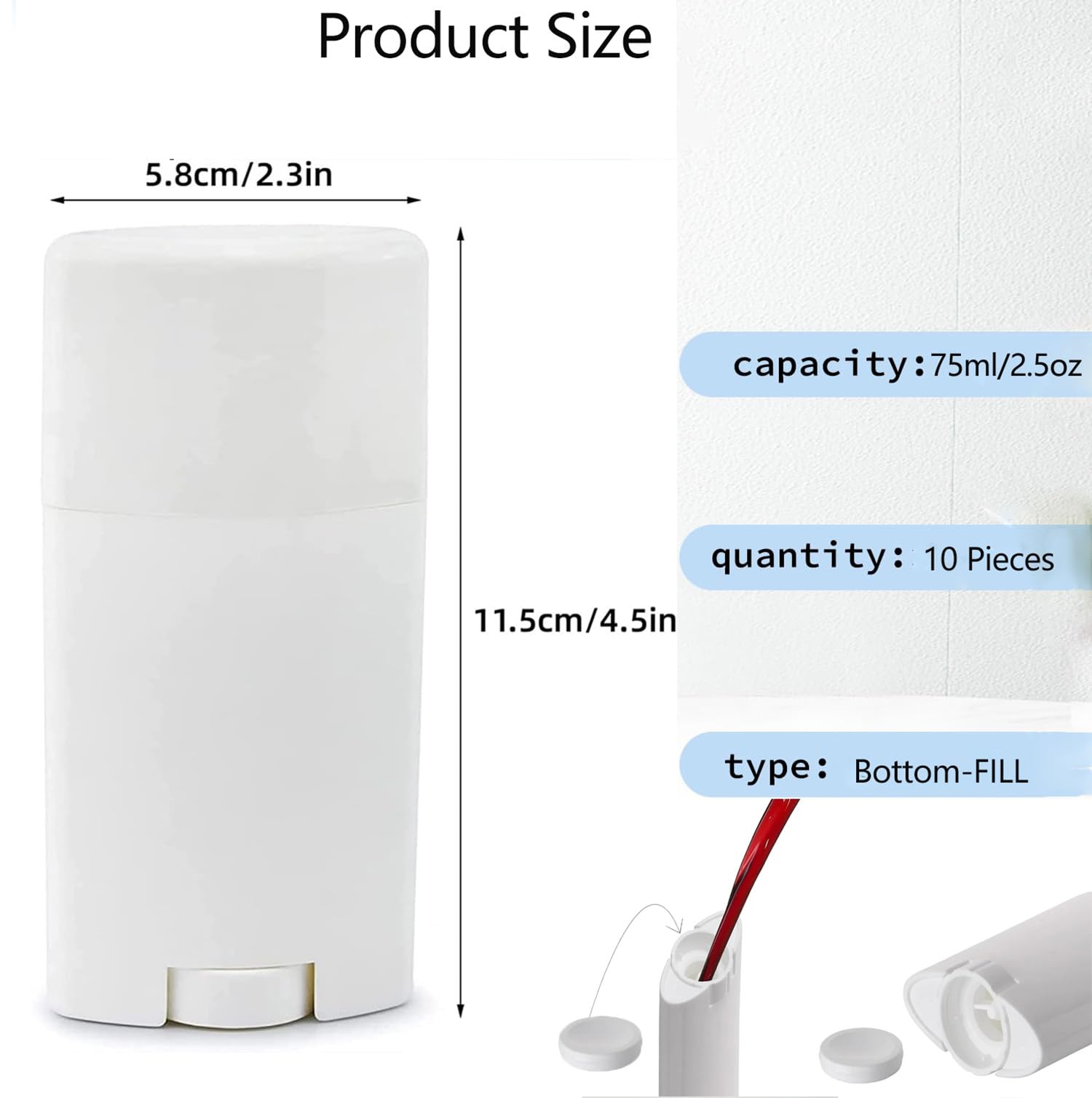 Confezione da 10 contenitori vuoti bianchi da 75 ml per deodoranti ovali per balsamo per le labbra da 70,9 g, contenitori in plastica per deodoranti fai da te, rossetto, pastelli, Chapstick