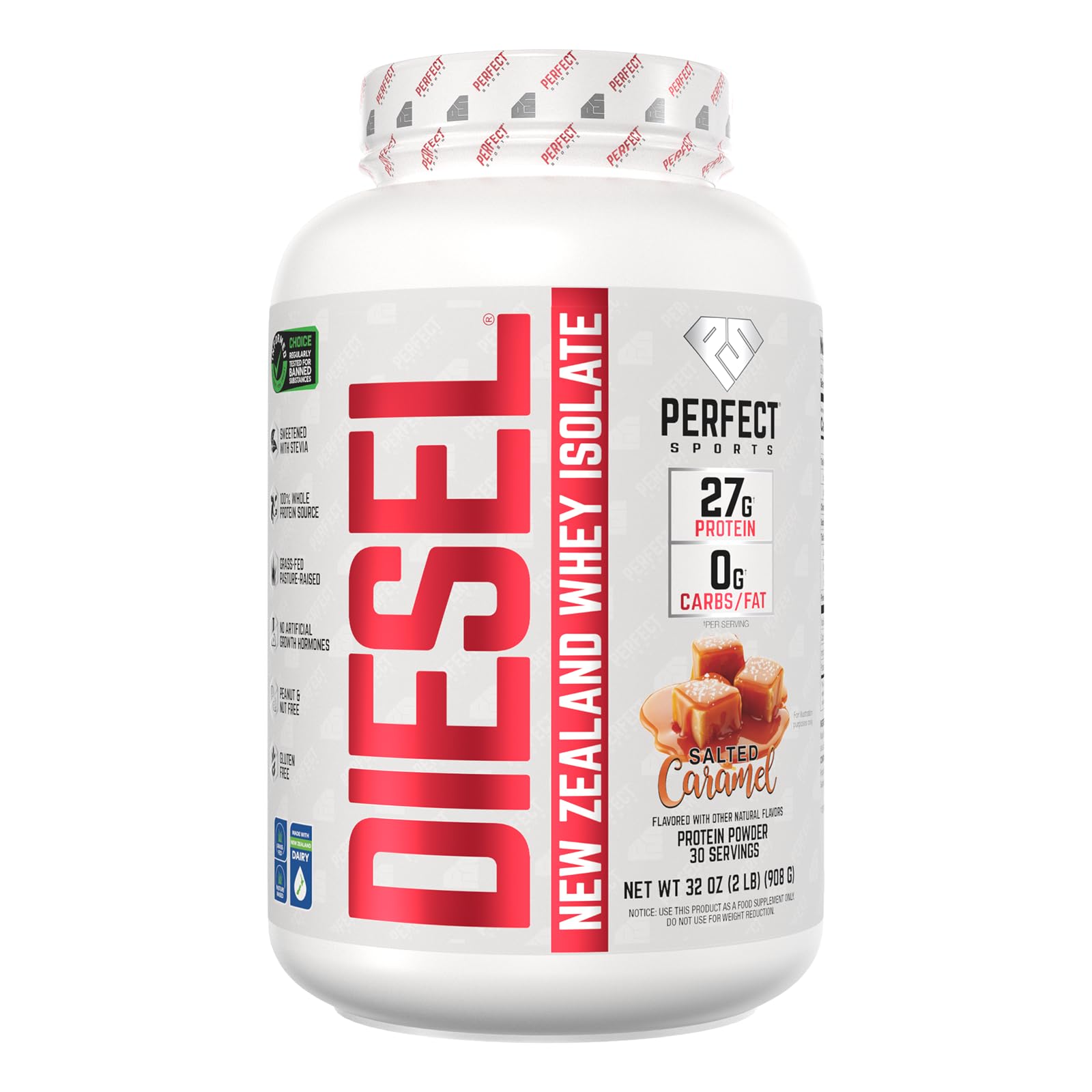 PERFECT SPORTS Diesel 100% New Zealand Whey Protein Isolate | Stevia Sweetened, No Artificial Ingredients, Keto | 0g Carb, 0g Fat, 27g Protein | 2 Pounds (Salted Caramel)