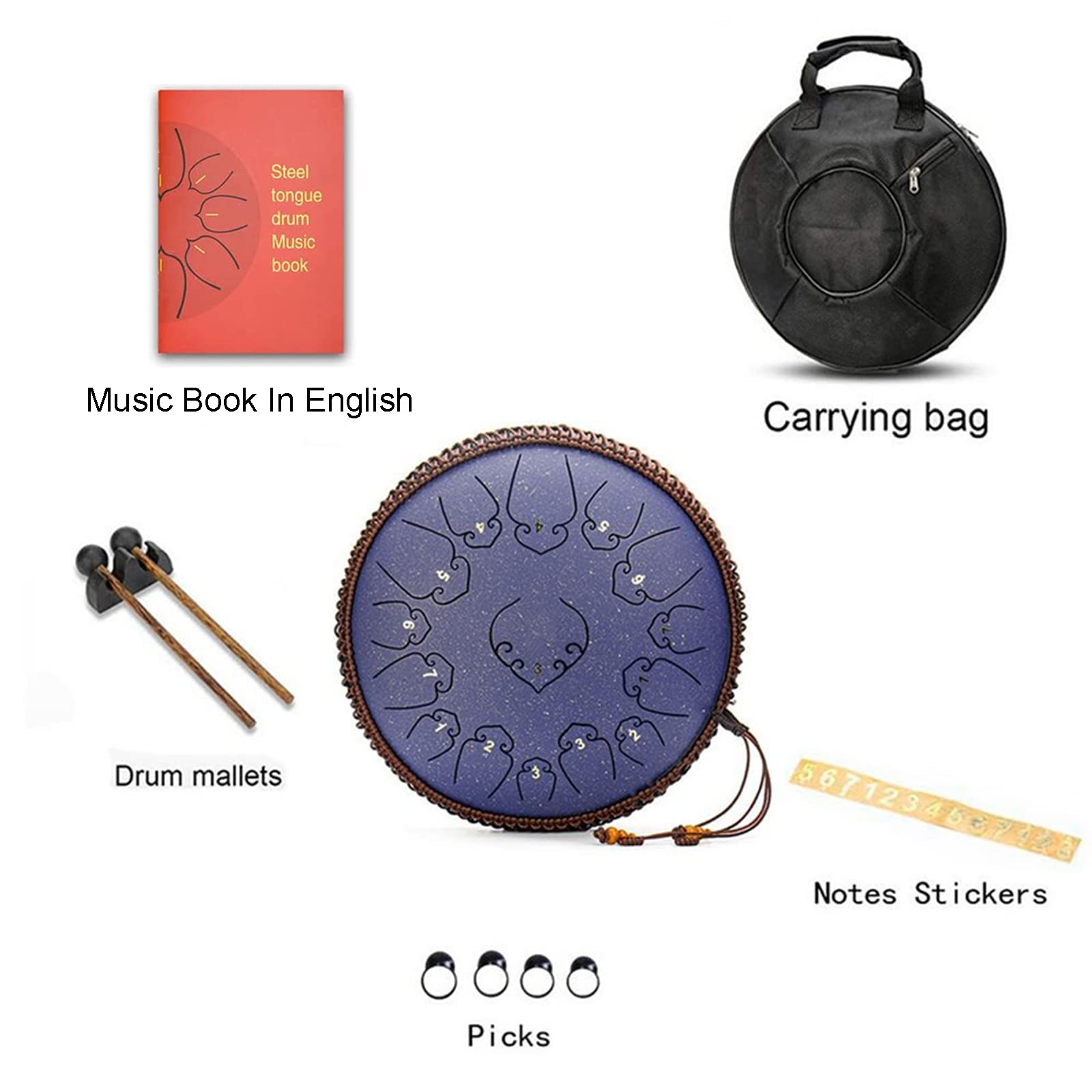 Tambor De Lengüetas, Handpan De Acero 14 Pulgadas 15 Notas C Chiave Tambores De Hendidura Tongue Drum Instrumento De Percusión con Baquetas Y Bolsa para Yoga,Meditación