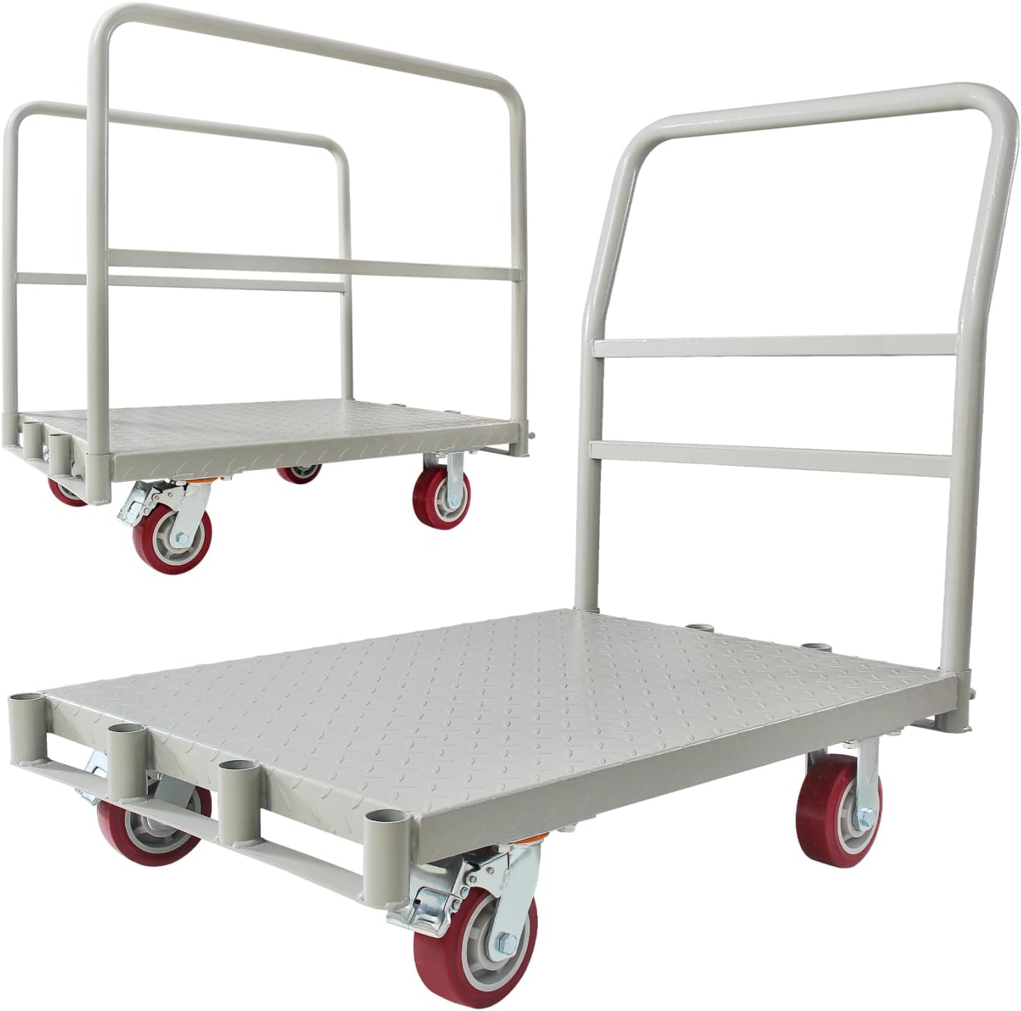 2-in-1 Steel Panel Truck Cart, 2200 lbs Capacity Heavy Duty Platform Truck Carts with 4 Side Handrails and 4 Swivel Casters, Flatbed Lumber Carts Drywall Cart for Handling and Storage