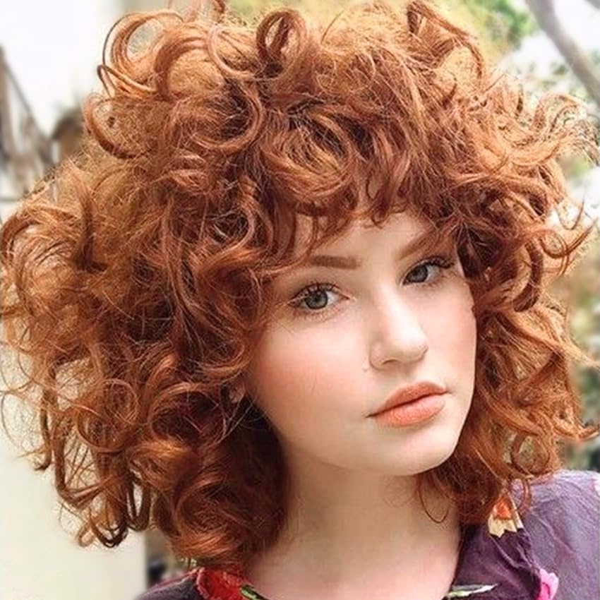 PORSMEER Copper Brown Curly Afro Wigs for Women Natural Loose Curly Afro Kinky Medium Wavy Bob Wig with Fringe Black Women for Costume or Daily Wear