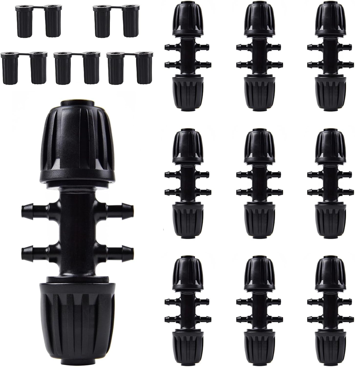Kalolary 10PCS Barbed Tee 1/2 inch to 1/4 inch Irrigation Tube Anti-Drop Premiun Quality Fitting (fits 13mm ID/ 4mm ID), 16mm PE Pipe Lock Female Connector to 47 Pipe Variable Diameter Six-Way Adapter