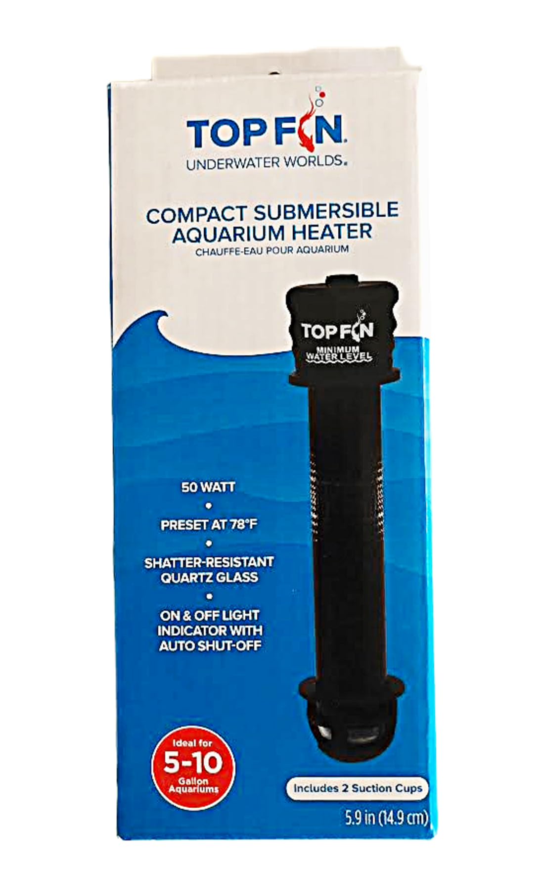 top fin compact submersible aquarium heater on & off light indicator with auto shut-off. (5-10 gallon aquarium)