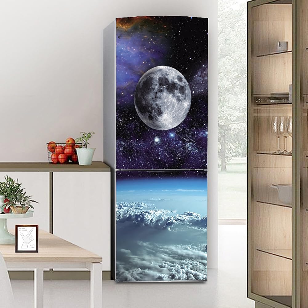 Fridge Stickers, Fridge Sticker Full Covering Door Covers Skins Wall Stickers for Kitchen Decal, Moon Space Starry Sky(S: 60x150 cm)
