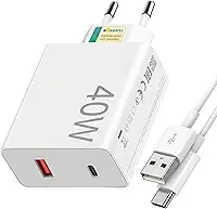Kit Carregador Turbo 40W USB-C e USB-A com Cabo Tipo-C, Carregamento Rápido QC 3.0, Fonte Bivolt Compatível com Android, Samsung, Xiaomi, Motorola e Tablets