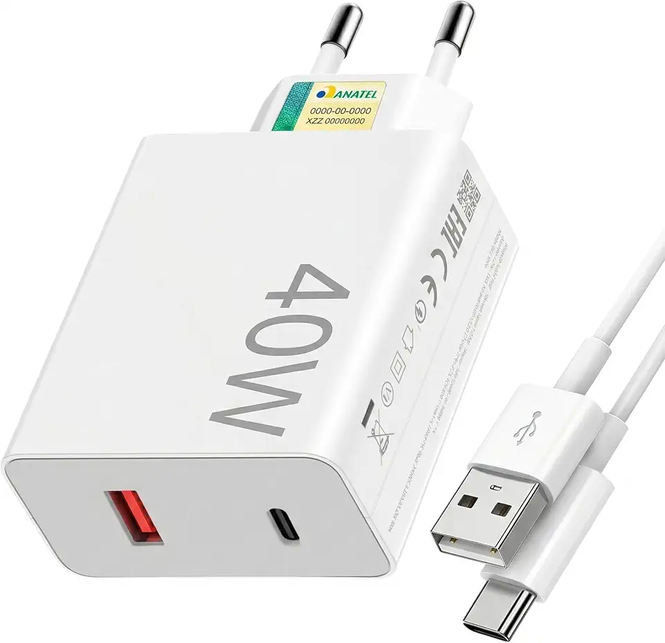 Kit Carregador Turbo QC 3.0 com Cabo Tipo-C, Carregamento Rápido Compatível com I.phone, Android, Xiaomi e Tablets Fonte USB-A e USB-C Bivolt 40