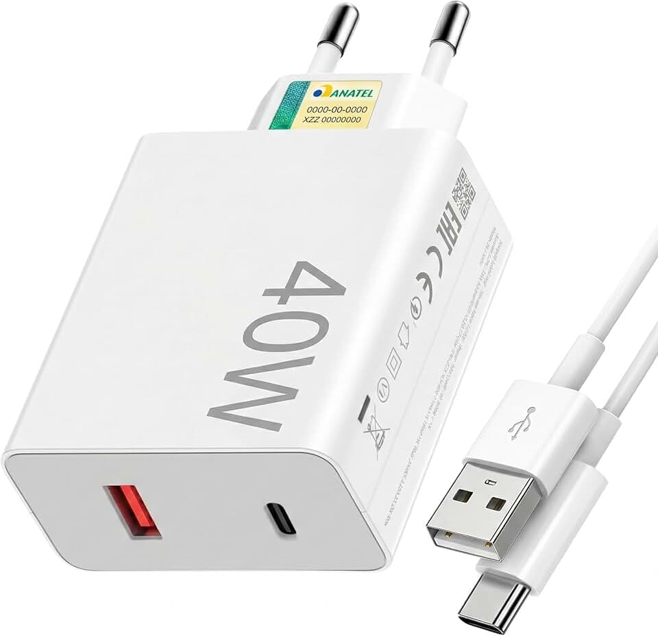 Kit Carregador Turbo QC 3.0 com Cabo Tipo-C, Carregamento Rápido Compatível com I.phone, Android, Xiaomi e Tablets Fonte USB-A e USB-C Bivolt 40