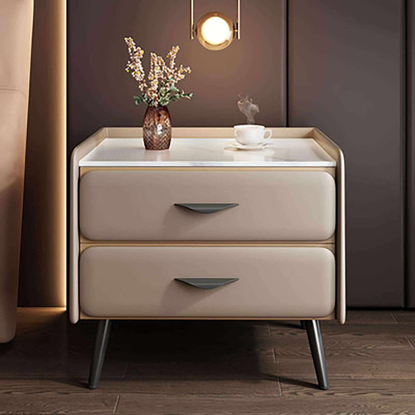 Table de chevet moderne avec armoire 2 tiroirs de nuit kaki en similicuir