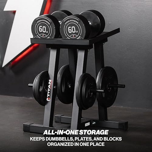 Miniatura 3 de Titan Fitness Soporte para mancuernas y árbol de platos, capacidad de 260 libras, organiza mancuernas clásicas, bloques de energía, platos sueltos,