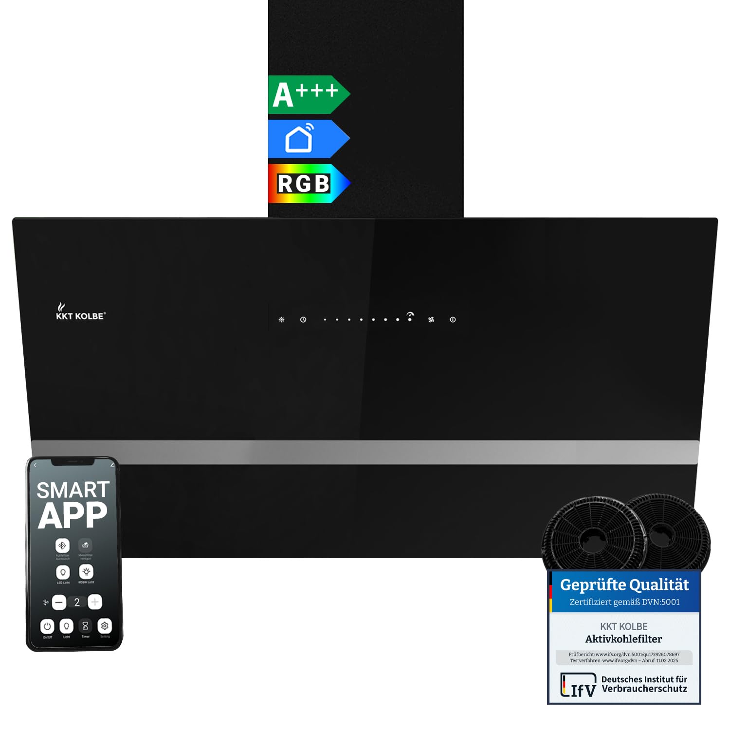 KKT KOLBE Dunstabzugshaube 90 cm 782 cbm/h Umluft Abluft Kopffrei Wandhaube Schwarz Glas Smart WiFi WLAN RGBW-LED EASY9005SM