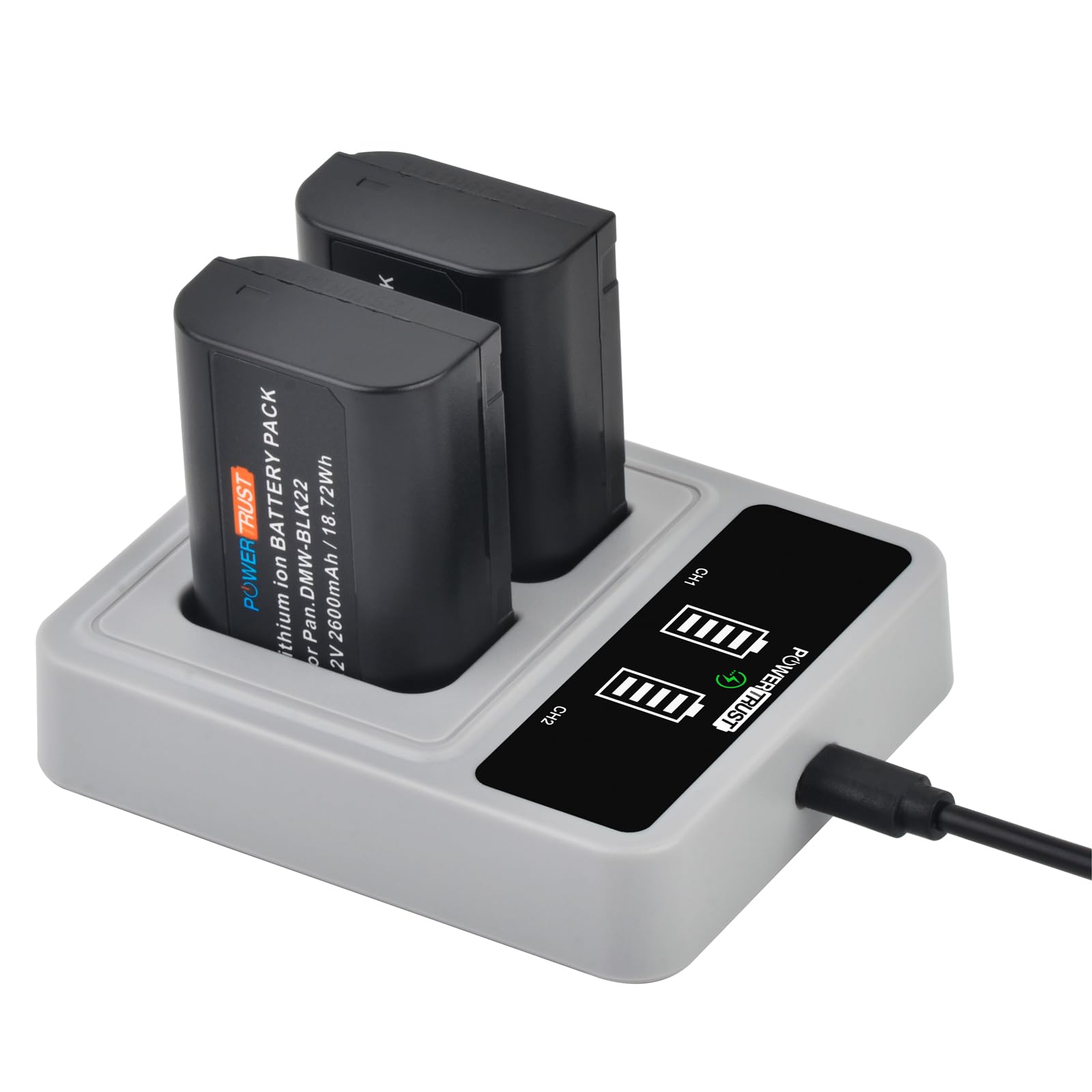 PowerTrust 2Pack DMW-BLK22-Batterie mit PD 20W schneller Dual-USB-C-Ladegerät für Panasonic Lumix DC-S5IIX, DC-S5 II,DC-S5,S5K, GH5 II,GH5 Mark II,GH6, S5II, S5M2, GH5M2 Kameras