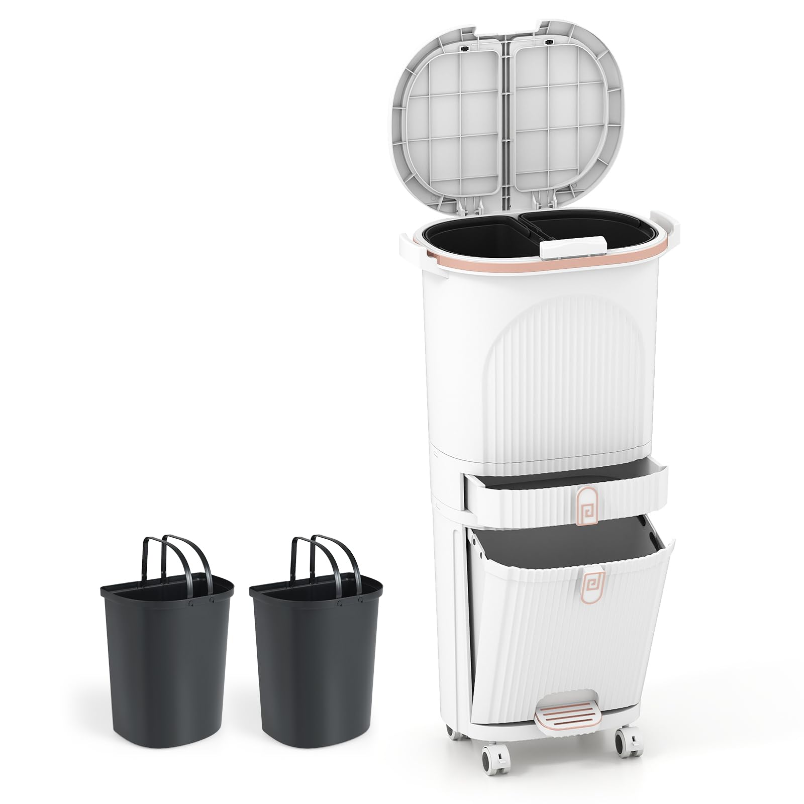 COSTWAY Mülleimer Küche, Mülltrennsystem 3 Fächer, 2 x 12L Inneneimer & 14L Treteimer, Abfalleimer mit Rollen, Schublade, Doppeldeckel, Pedal & Haken, Tretmülleimer für Küche, Bad, Büro (Weiß)