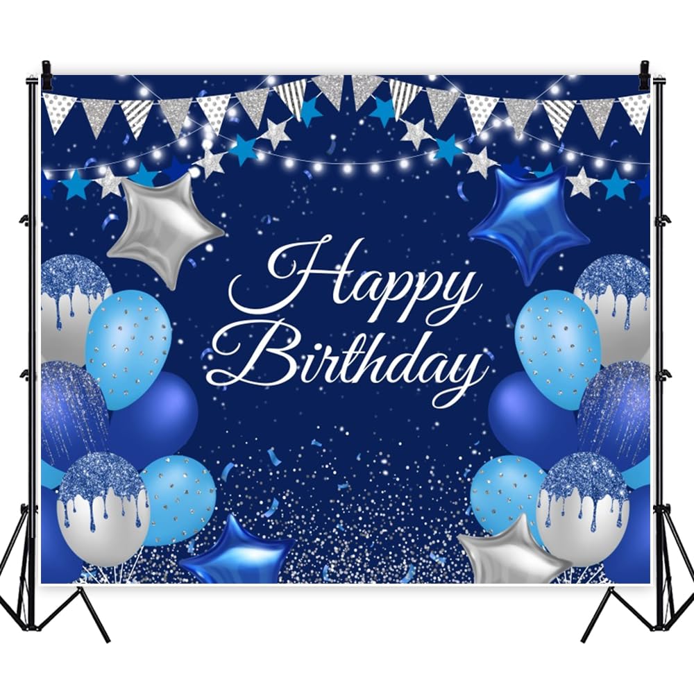 Telón de fondo de vinilo con purpurina de 3 x 2,4 m, color azul real, para fotos de cumpleaños, globo azul, estrella, globo, sesión de fotos, banderines plateados, fondo de fotografía, decoración de