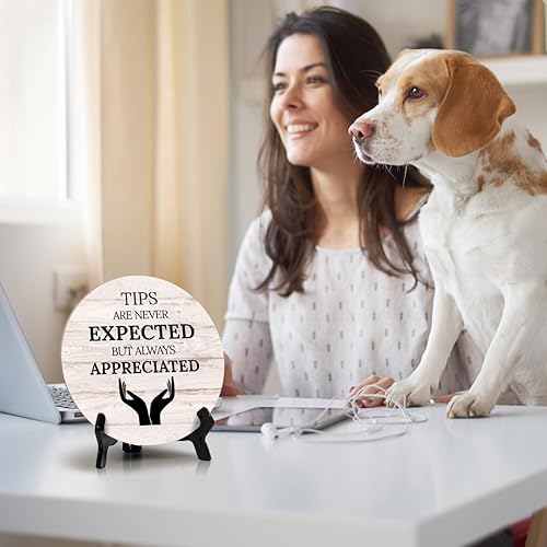Miniatura 5 de Sign ByLITA - Letrero de mesa circular con texto en inglés "Tips Are Never Expected But Always Appreciated", color madera, cartel de mesa circular