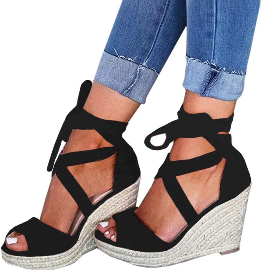 Womens Espadrilles Wedges Sandals Heels Open Toe Tie Lace Up Platform Ankle Strap Summer Dress Shoes - Image 2