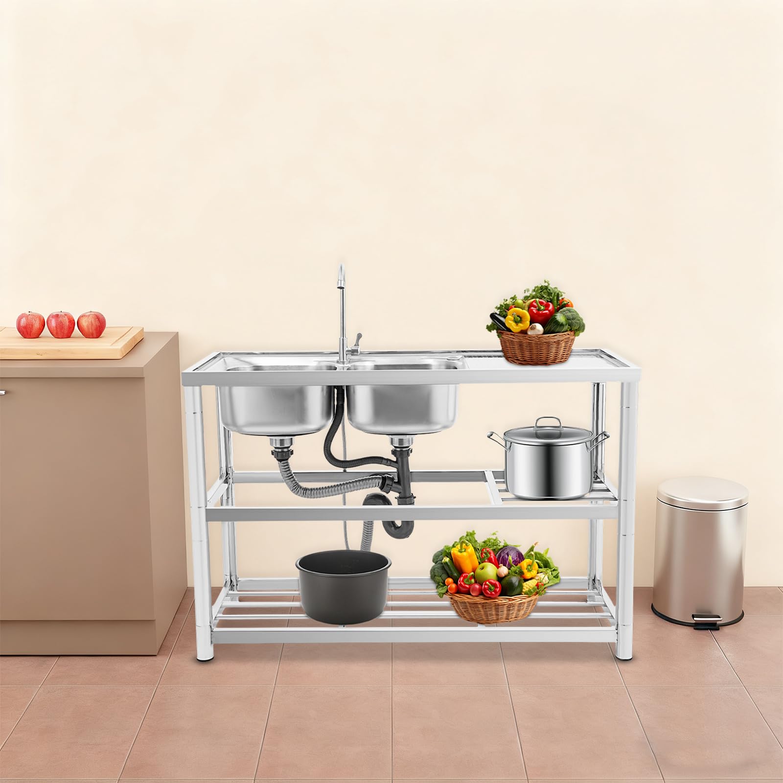 120 cm 2 vasche 3 ripiani Lavello in acciaio inox con rubinetto freestanding per cucina | 201 inox, 2 vasche, 3 livelli, 100 kg, piedi rotondi/quadrati, piletta in acciaio, rubinetto 360°, per pro & casa