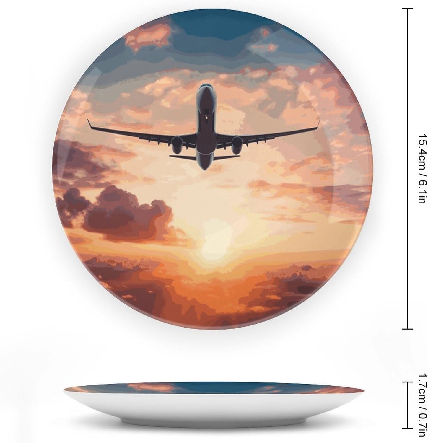 Airplane Sunset Sky Bone China Decorative Plate Exquisite Ornamental Wall Hanging Platter 6/7/8/10 Inch Vintage Art Ceramic Decor Dish for Home Tabletop Decor Housewarming Gift image 2