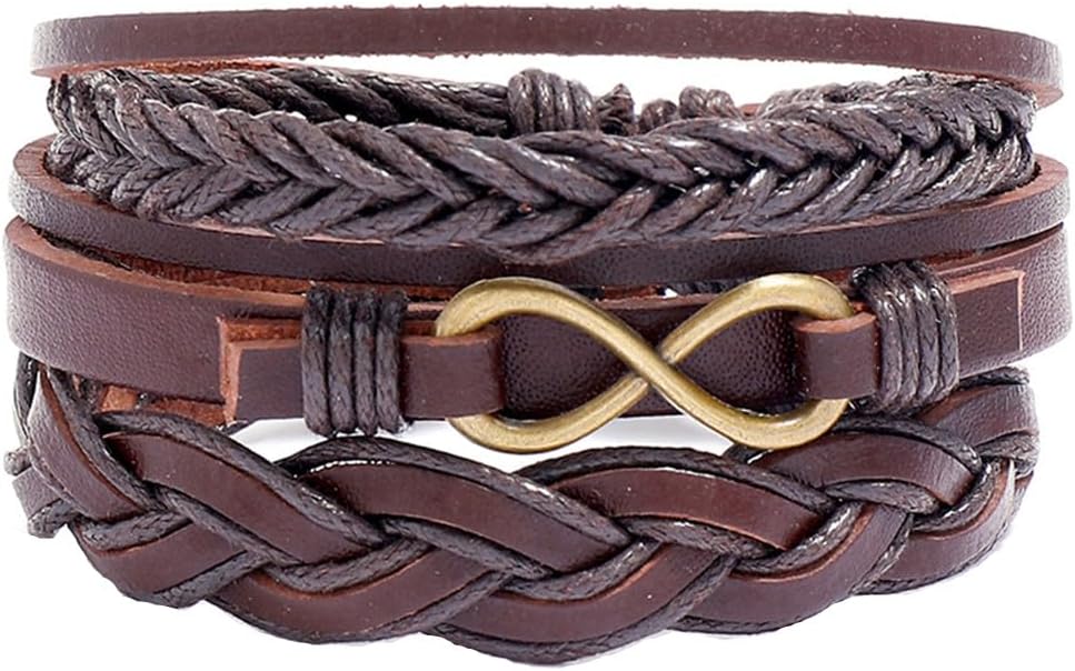 Leather Bracelet Set for Men Women, Multilayer Hemp Cords Tribal Braided Design, Ethnic Wood Beads Wrap Wristbands, 4 Pack, 6.5-8.5 Inches