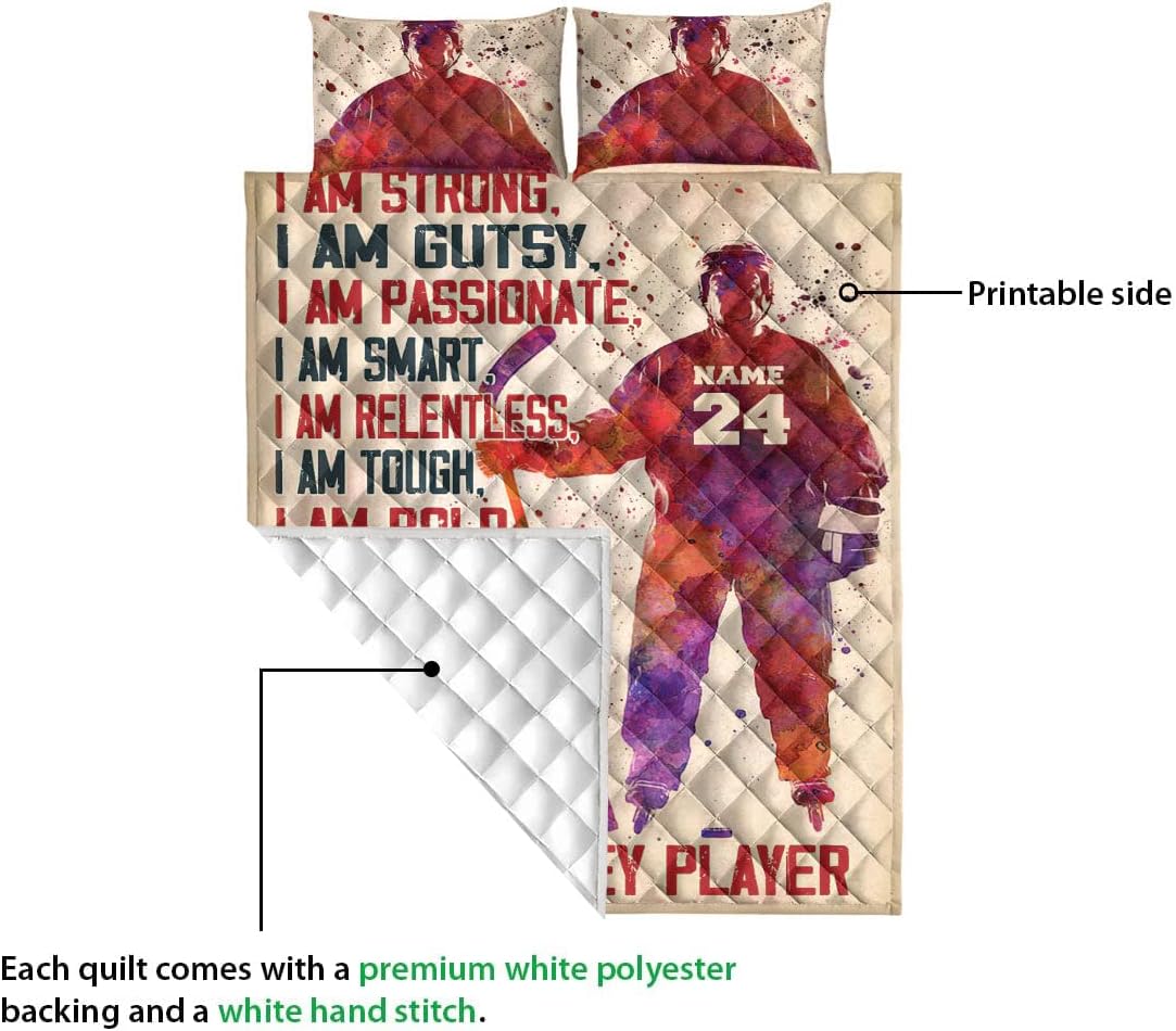 Personalized Hockey Quilt Set, Hockey Boy Watercolor Quilt Blanket with Pillowcases, Custom Name and Number Quilt Bedding Set MLANH1328