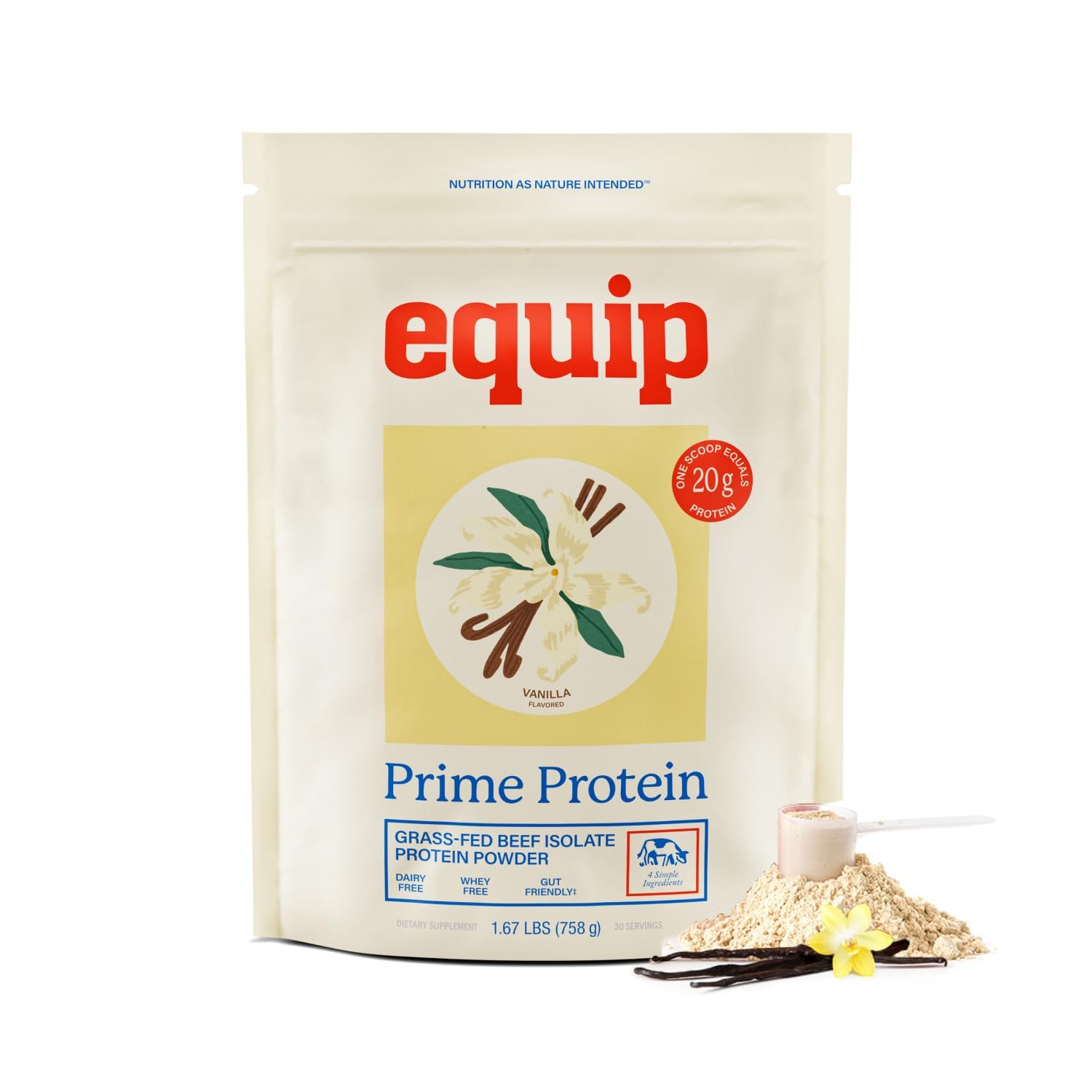 Equip Foods Prime Protein Powder | Clean, Grass Fed Beef Protein Powder | Carnivore Protein Isolate, Keto Friendly | Gluten & Dairy Free | Helps Build & Repair Tissue | 30 Servings, Vanilla (No Sugar)