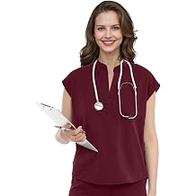 Scrub Tops for Women, Medical Stand-up Collar Short Sleeve Work Clothing with 2 Pockets for Nurses, Doctors, Assistants, pet Grooming UK, Alpha, XS, Regular, Regular, Red