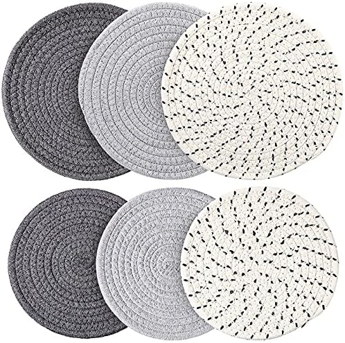 6 Pieces Pot Trivets Large Braided Woven Trivet Coaster, Cotton Thread Weave Cup Coaster Hot Pot Dish Trivet Pad Mat for Kitchen Cooking Supplies (Gray, Dark Gray, White Gray,7 Inch and 9 Inch)