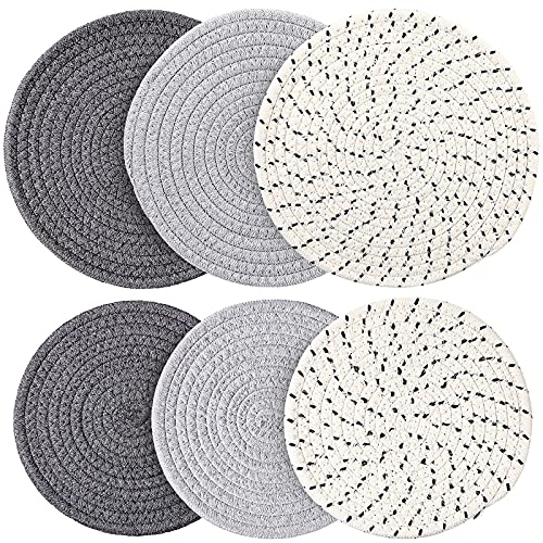 6 Pieces Pot Trivets Large Braided Woven Trivet Coaster, Cotton Thread Weave Cup Coaster Hot Pot Dish Trivet Pad Mat For Kitchen Cooking Supplies (Gray, Dark Gray, White Gray,7 Inch And 9 Inch) #TOP19