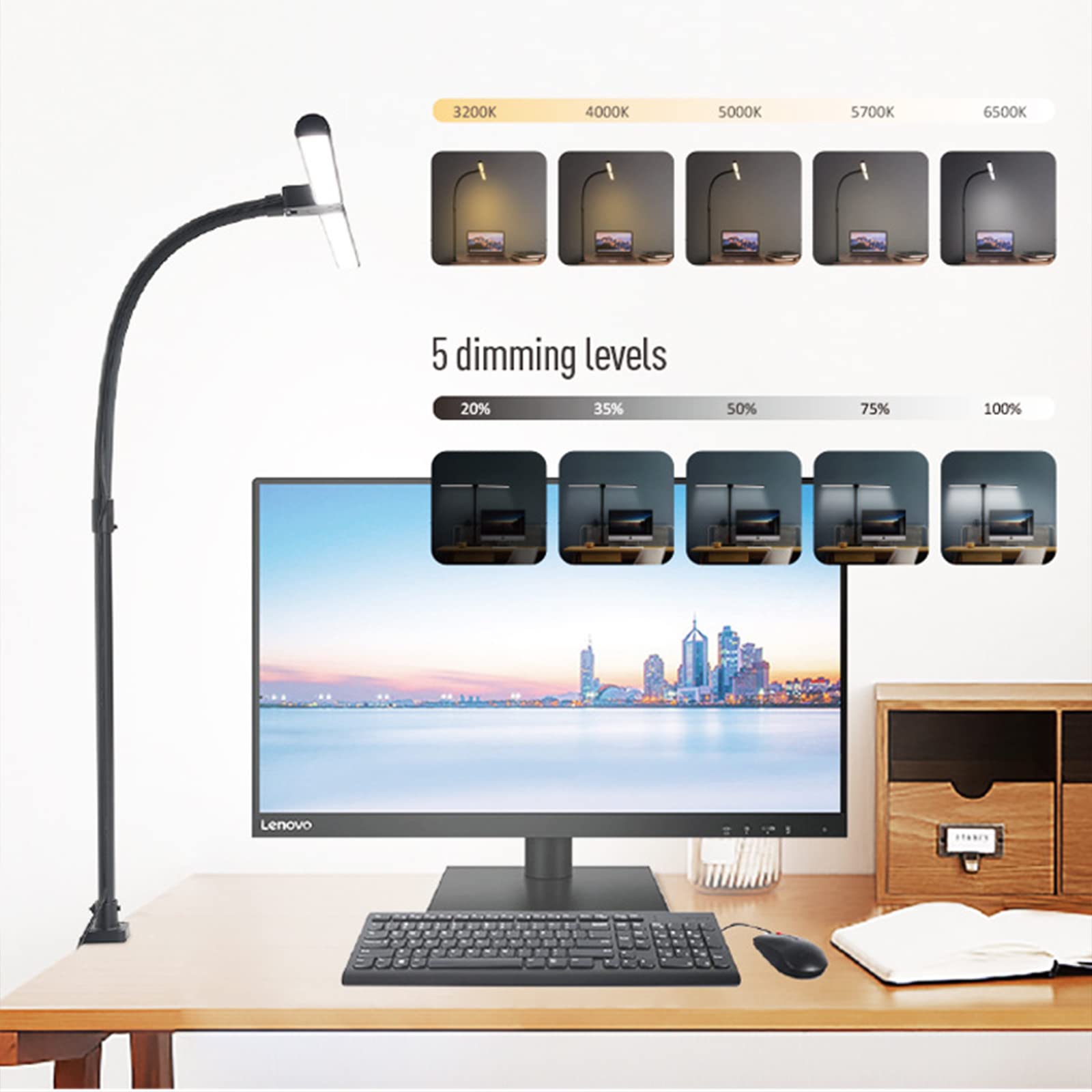 Architekt Lampa biurkowa, LED lampa biurkowa, Clip on Light 24W 5Tryby kolorów 5Ściemnialne elastyczne światło zaciskowe gęsiej szyi Pilot zdalnego sterowania biurowego stołu roboczego